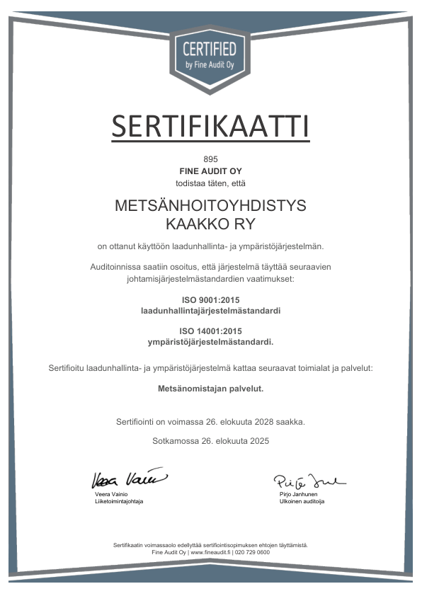 Mhy Kaakolle myönnetty ISO 9001 ja ISO 14001 laatu- ja ympäristöserifikaatit